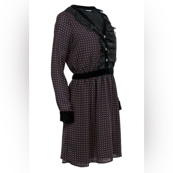 THE KOOPLES POLKA DOT BLACK RED LACE VELVET Long Sleeve DRESS - Picture 5 of 13